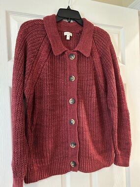 Garnet Hill Ribbed Button-Up Knit Cardigan in Burgundy
